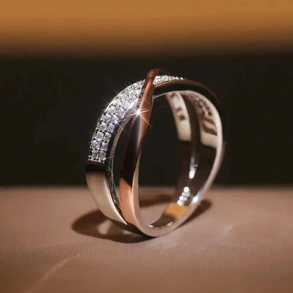 925 Silver Rose Gold Diamond Cross Ring Band - Picture 5 of 5